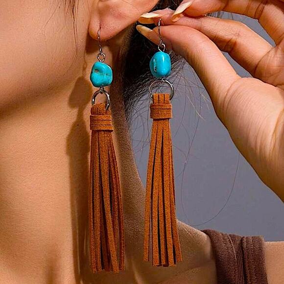 Handmade Leather Turquoise Fringe Dangle Earrings - Picture 2 of 5